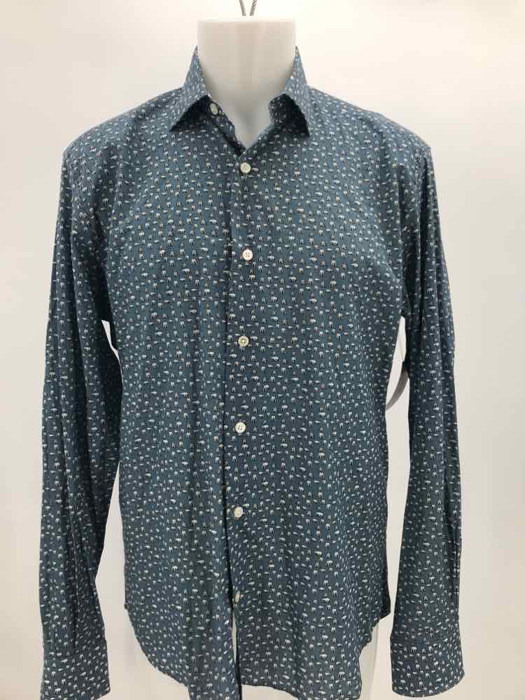 Culturata Blue Large Cotton Animal Print Long Sleeve Men's Button Down