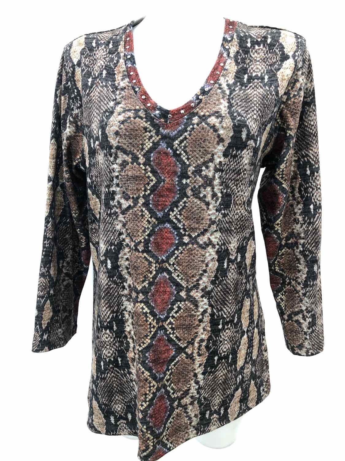 David Cline Brown Size XL Snake Grain V Neck Long Sleeve Blouse