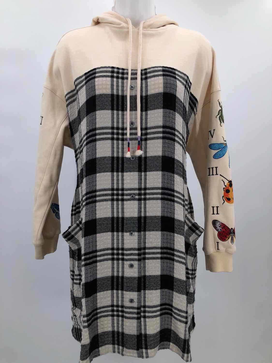 Desigual Tan Size Medium Check Print Hooded Knee Length Long Sleeve Dress