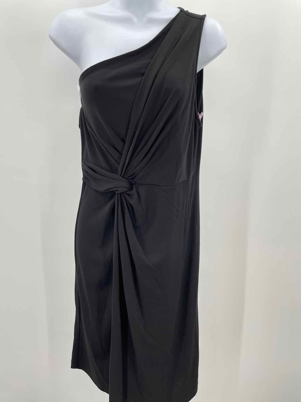 DKNY Black Pleated Knee Length One Shoulder Dress