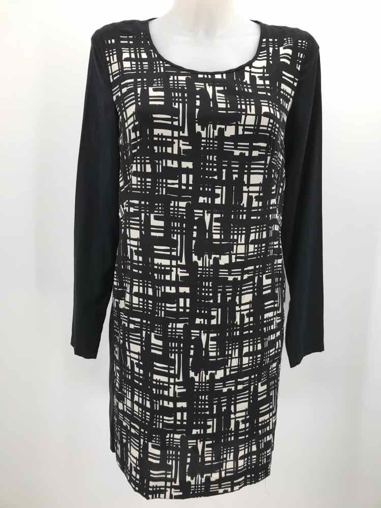 DKNY Black Size XS Printed Knee Length Long Sleeve Dress