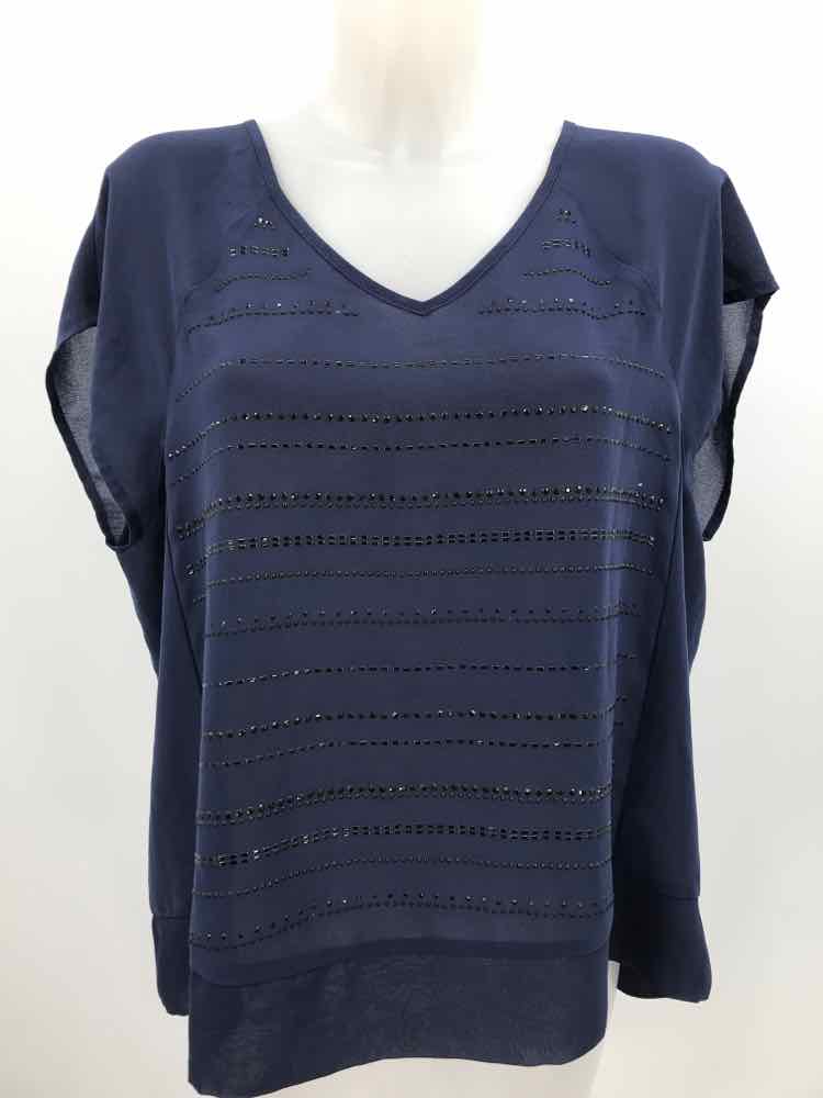 DKNY Navy Size Large Polyester Beaded Blouse