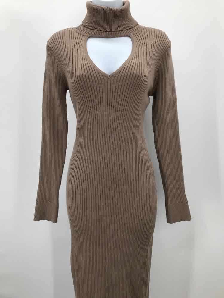 DKNY Tan Size Small Keyhole Turtleneck Midi Sweater Dress