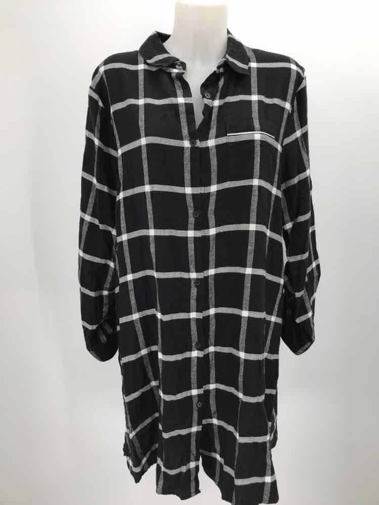 Donna Karan Black Size Large Check Print Button Down Pajamas