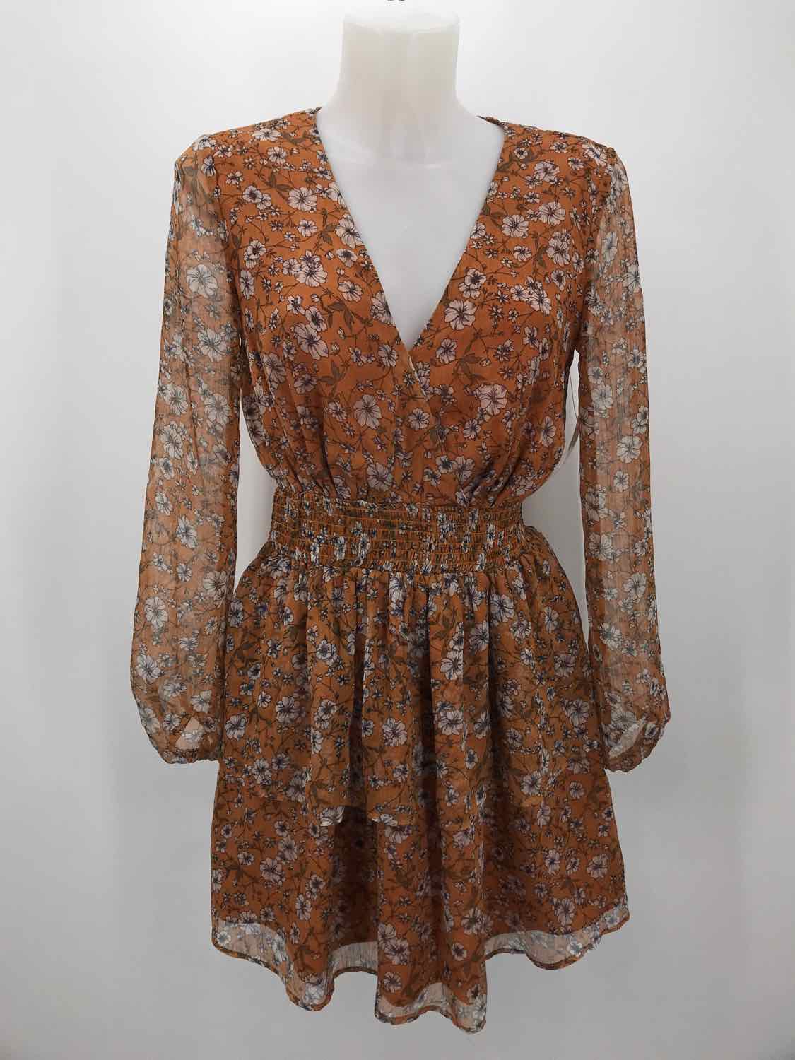 Donna Mizani Orange Size Small Floral Sheer Sleeve Long Sleeve Dress