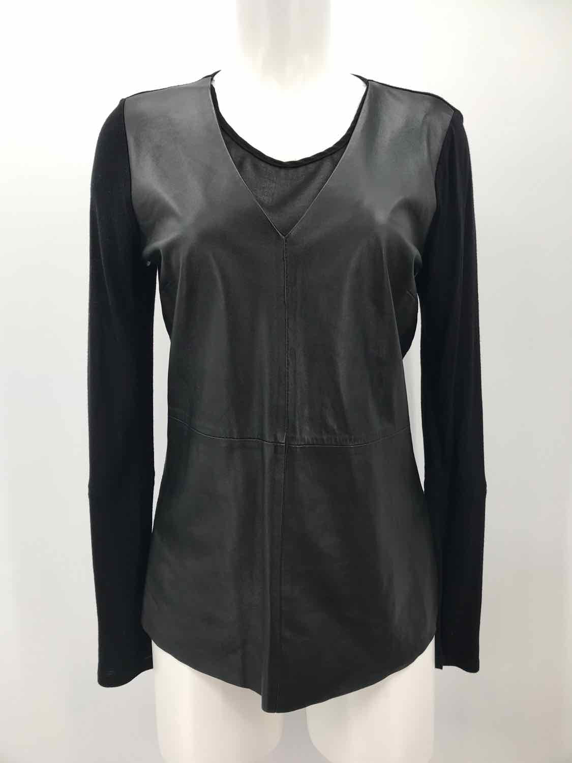 Ecru Black Size Small Leather Detail Long Sleeve Blouse