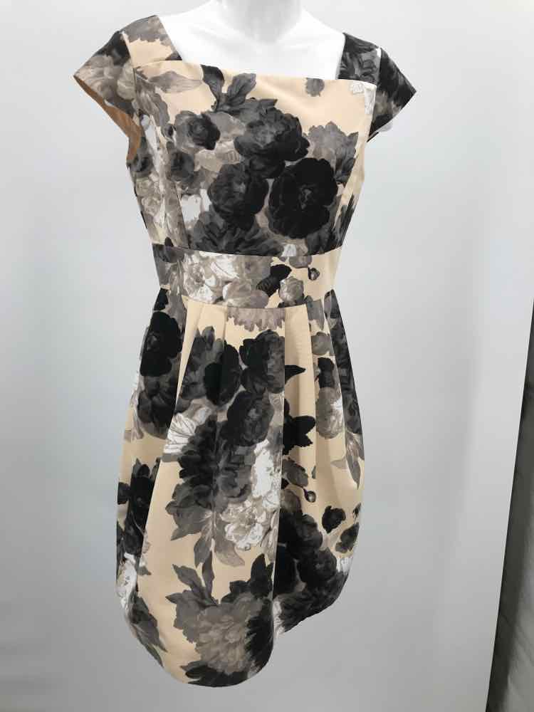 Eliza J Tan Size 8 Floral Pleated Knee Length Cocktail Dress