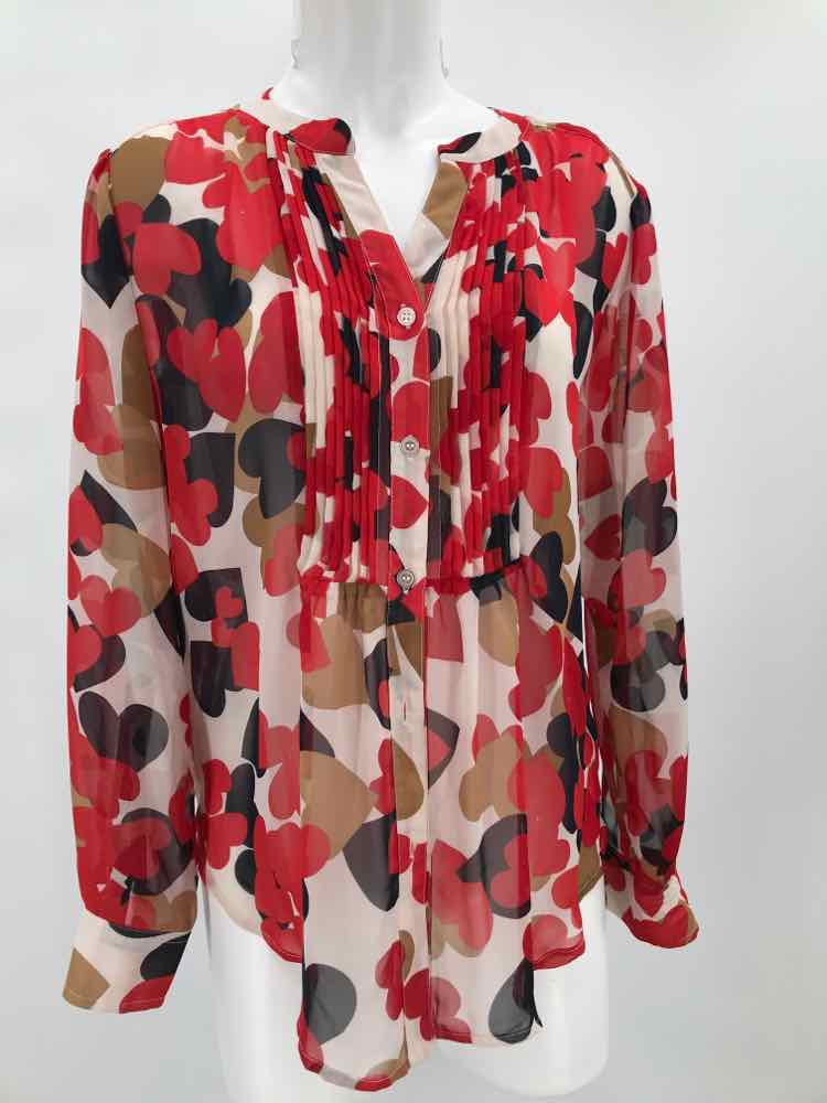 Ellen Tracy Red Size 6 Heart Multicolor Long Sleeve Blouse