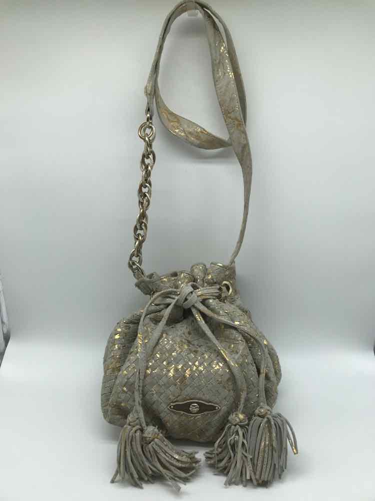 Elliott Lucca Silver Metallic Woven Bucket Bag