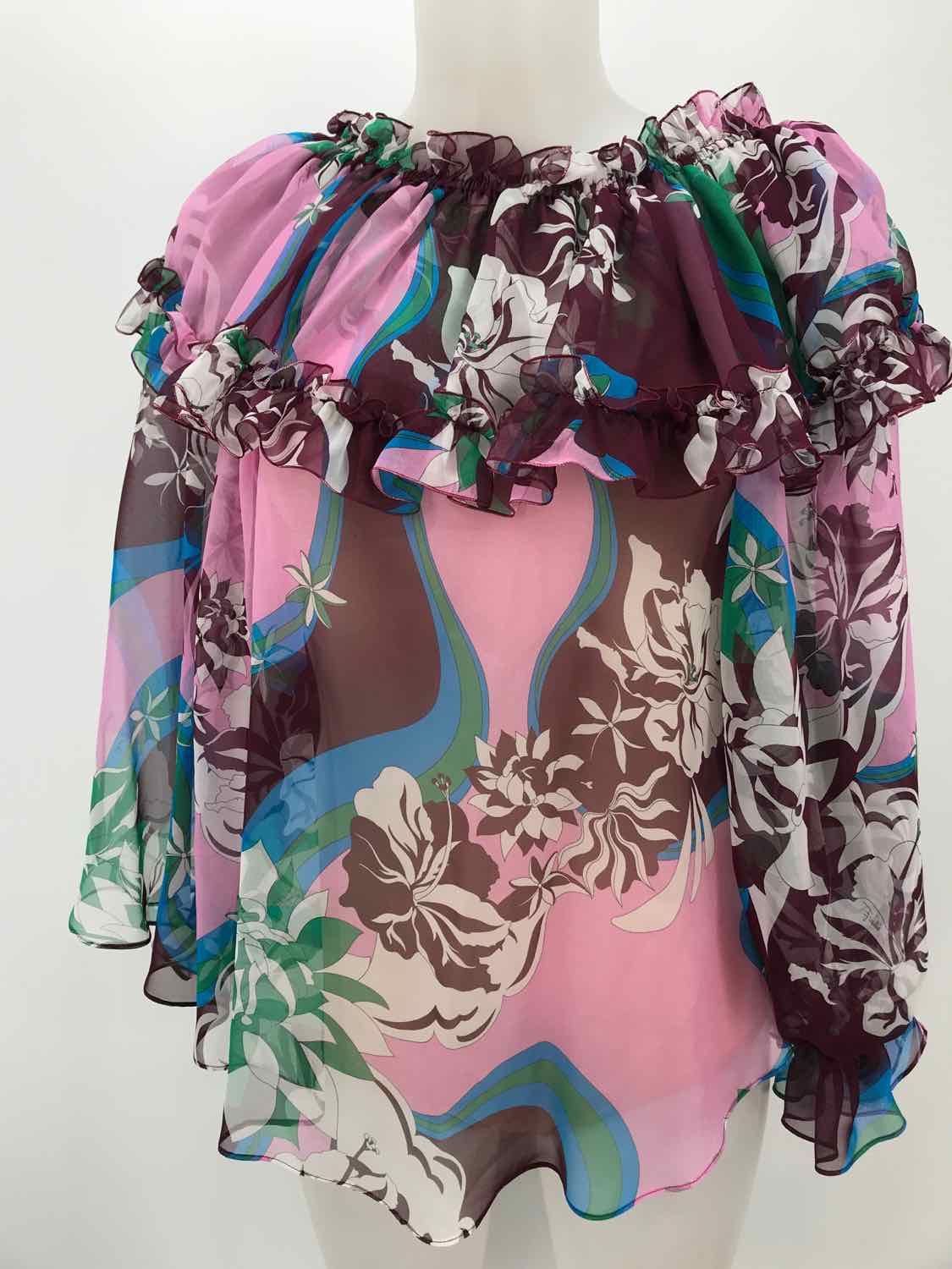 Emilio Pucci Purple Size 6 Silk Multi Print Long Sleeve Open Shoulder Blouse