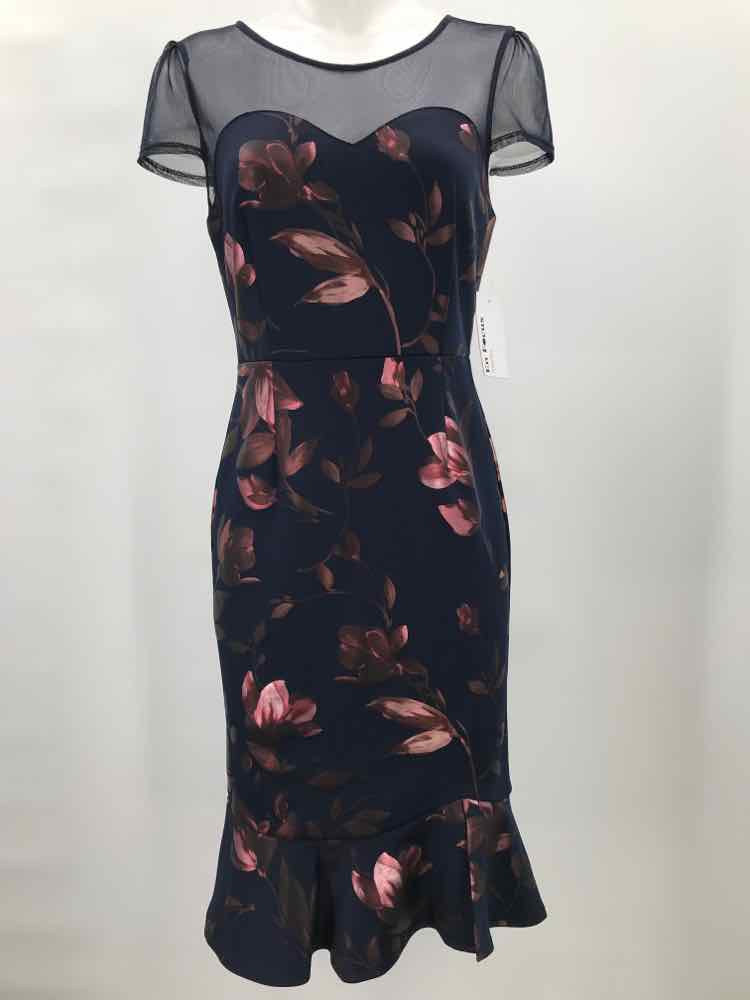 Enfocus Studio Navy Size 4 Floral Mesh Knee Length Short Sleeve Dress