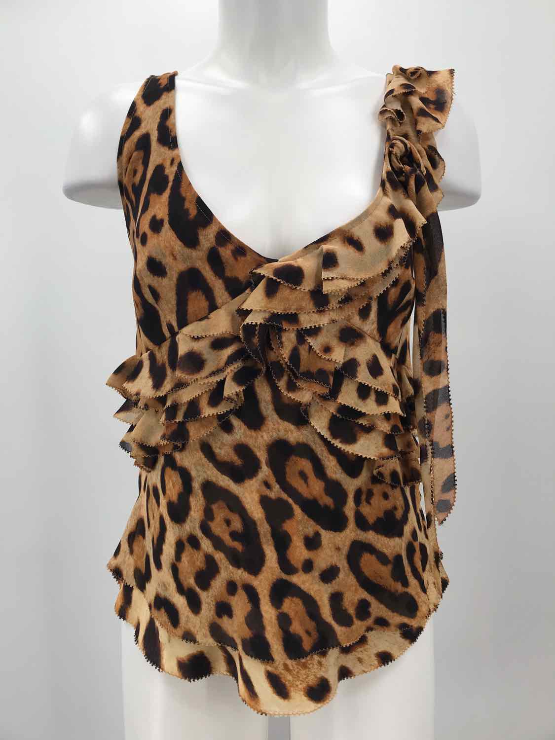 Escada Brown Size 6 Silk Animal Print Ruffle Tank Top