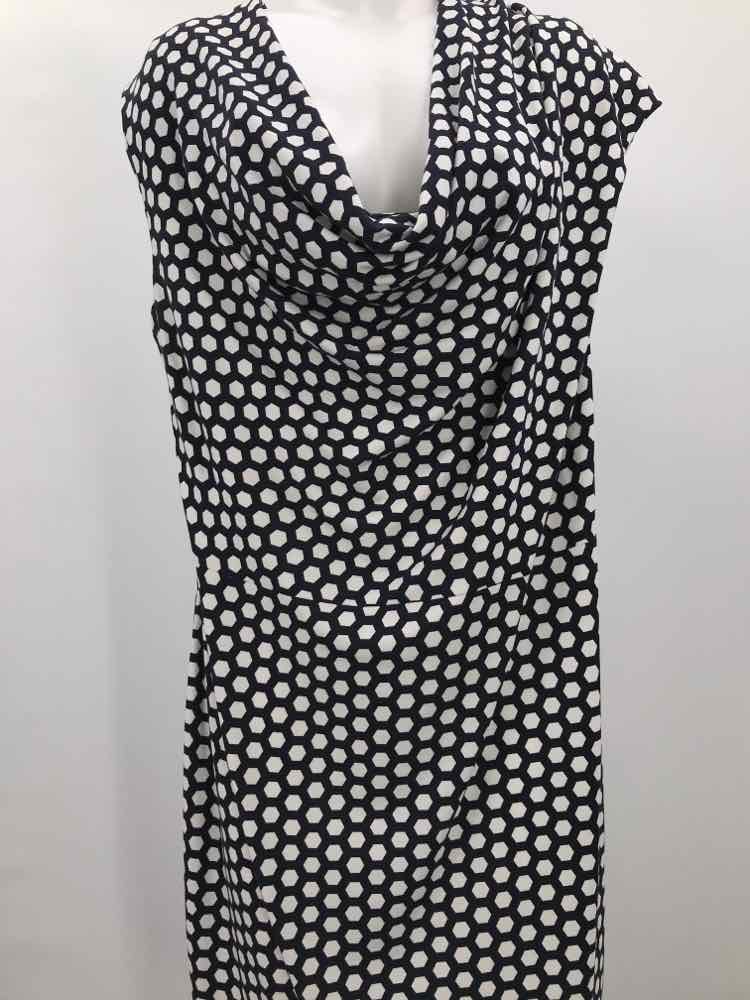 Escada Navy Size XL Geo Design Cowl Neck Midi Short Sleeve Dress