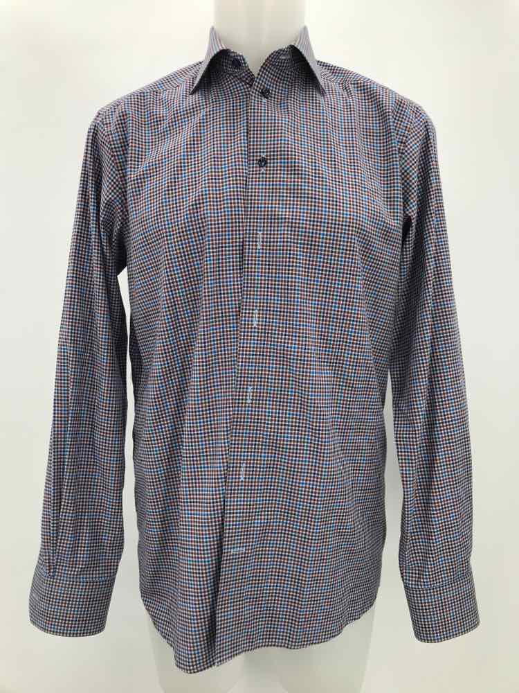 Eton Blue Medium Cotton Check Print Long Sleeve Men's Button Down