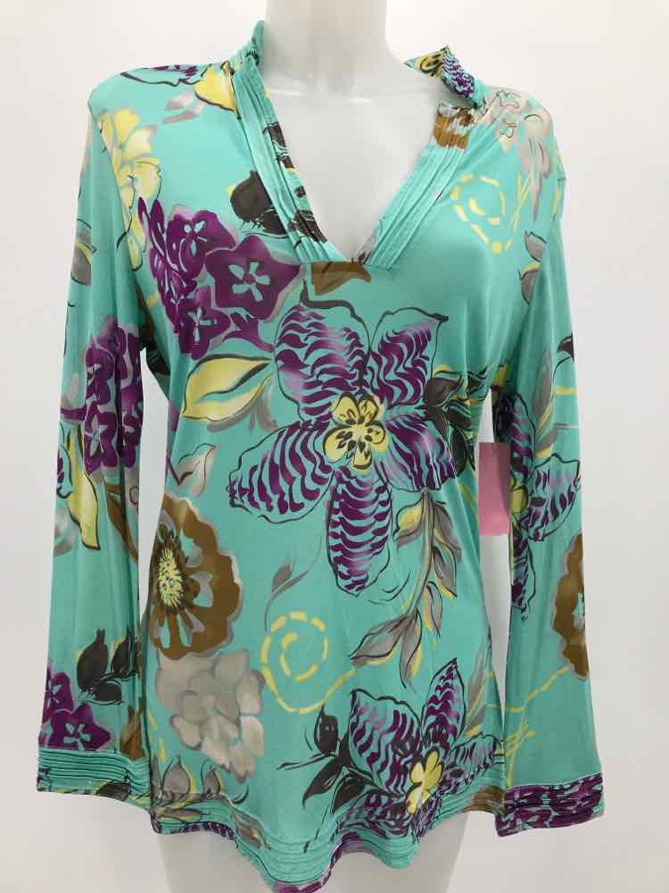 Etro Blue Size 12 Floral Long Sleeve Blouse