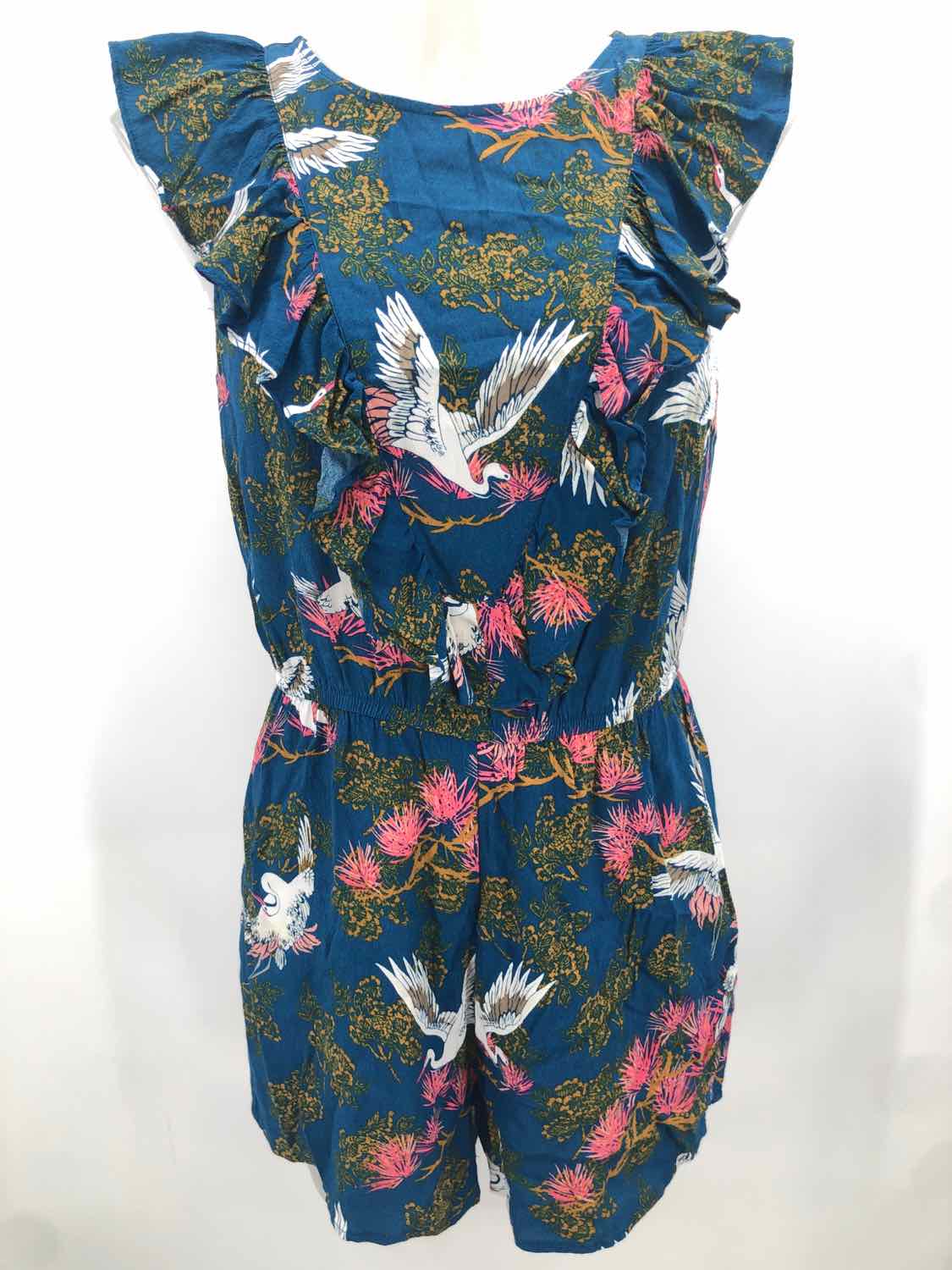 Express Blue Size Small P Rayon Printed Ruffle Sleeveless Romper