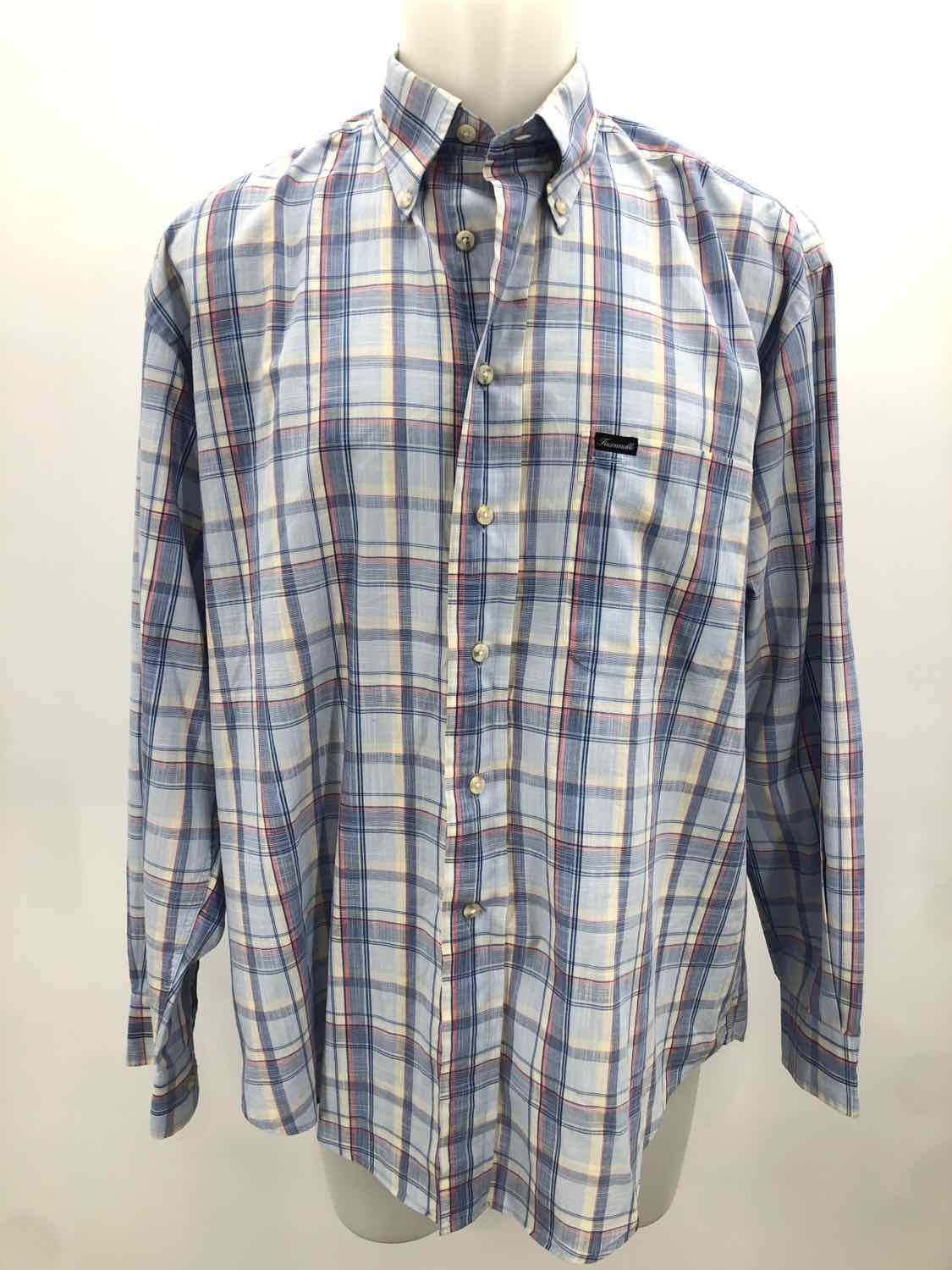 Facconable Blue Large Cotton Check Print Long Sleeve Men's Button Down