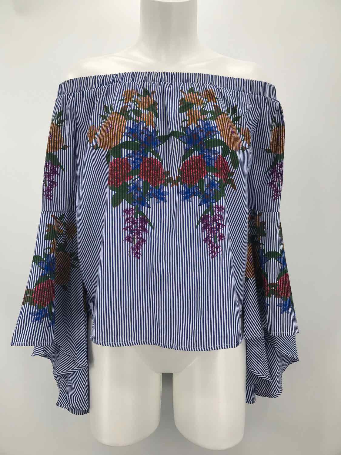 Flying Tomato Blue Size Large Polyester Multi Print Open Shoulder Blouse