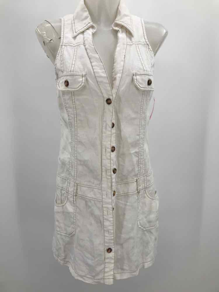 Formula Joven White Size 8 Linen Sleeveless Knee Length Button Down Dress