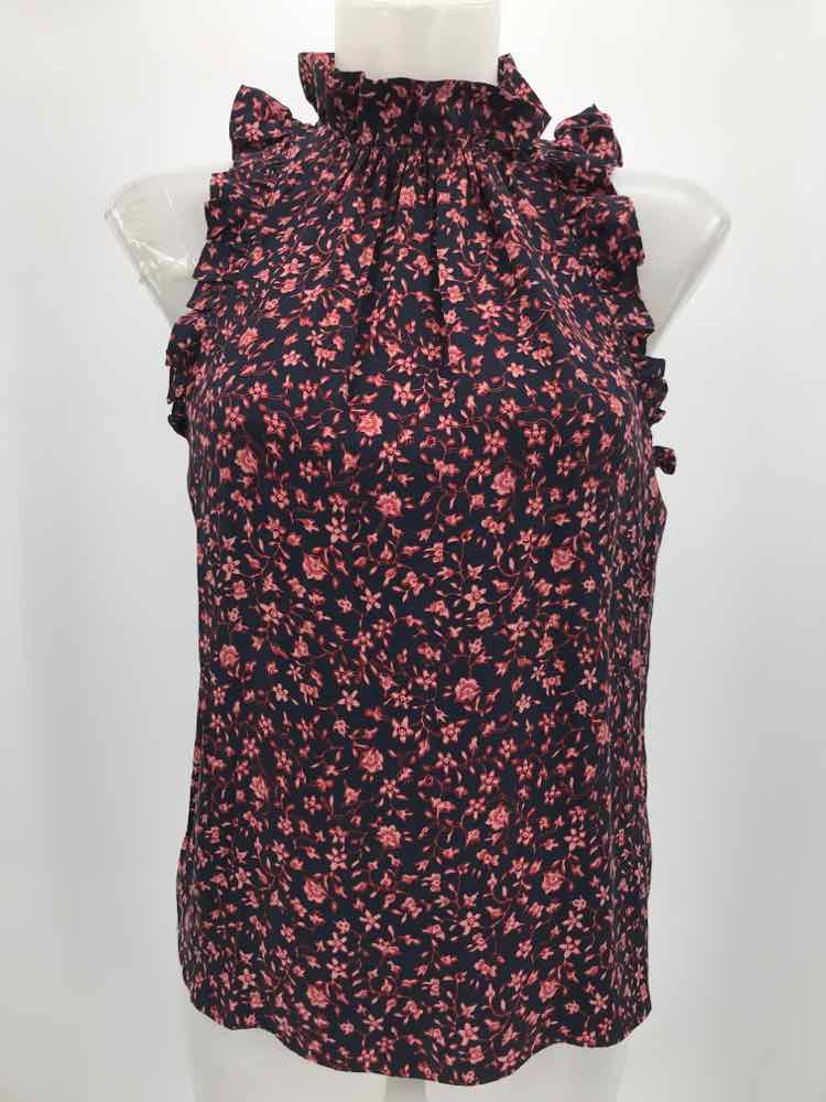 Frame Navy Size XSP Silk Floral Ruffle Collar Sleeveless Top