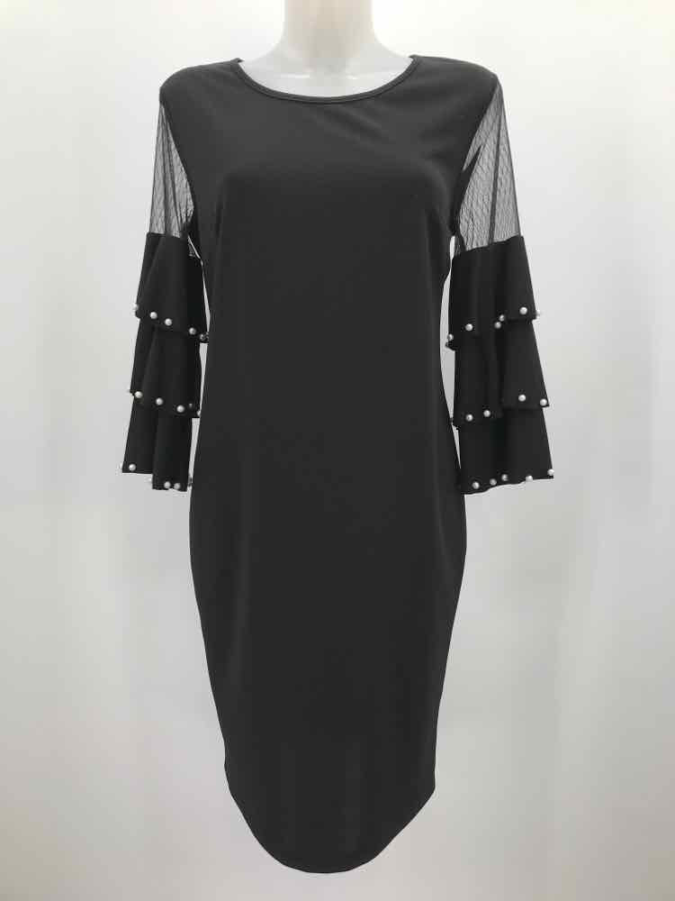 Frank Lyman Black Size Medium Faux Pearl Ruffle Sleeve Long Sleeve Dress