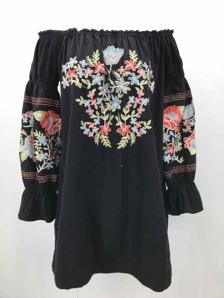 Free People Black Size Small Floral Embroidered Short Off Shoulder Dress