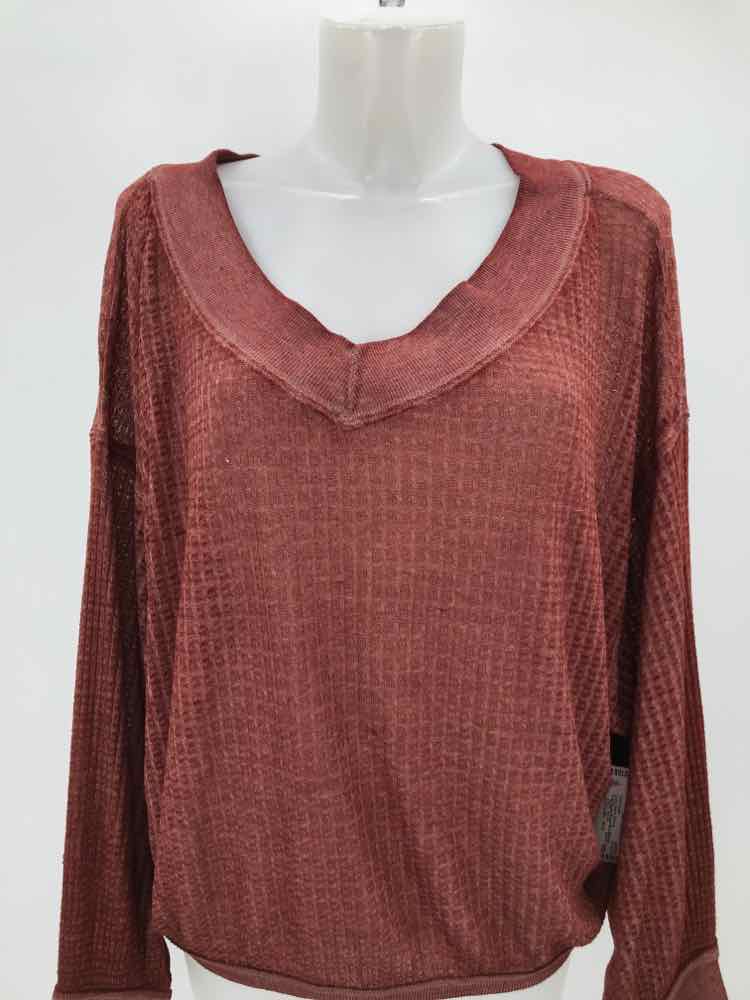 Free People Brown Size Medium Knitted V Neck Long Sleeve Blouse