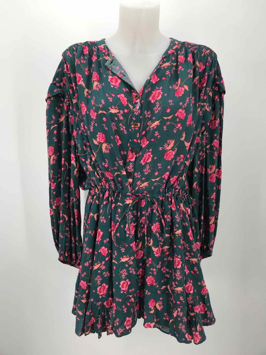 Free People Green Size XS Floral Long Sleeve Short Button Down Dress