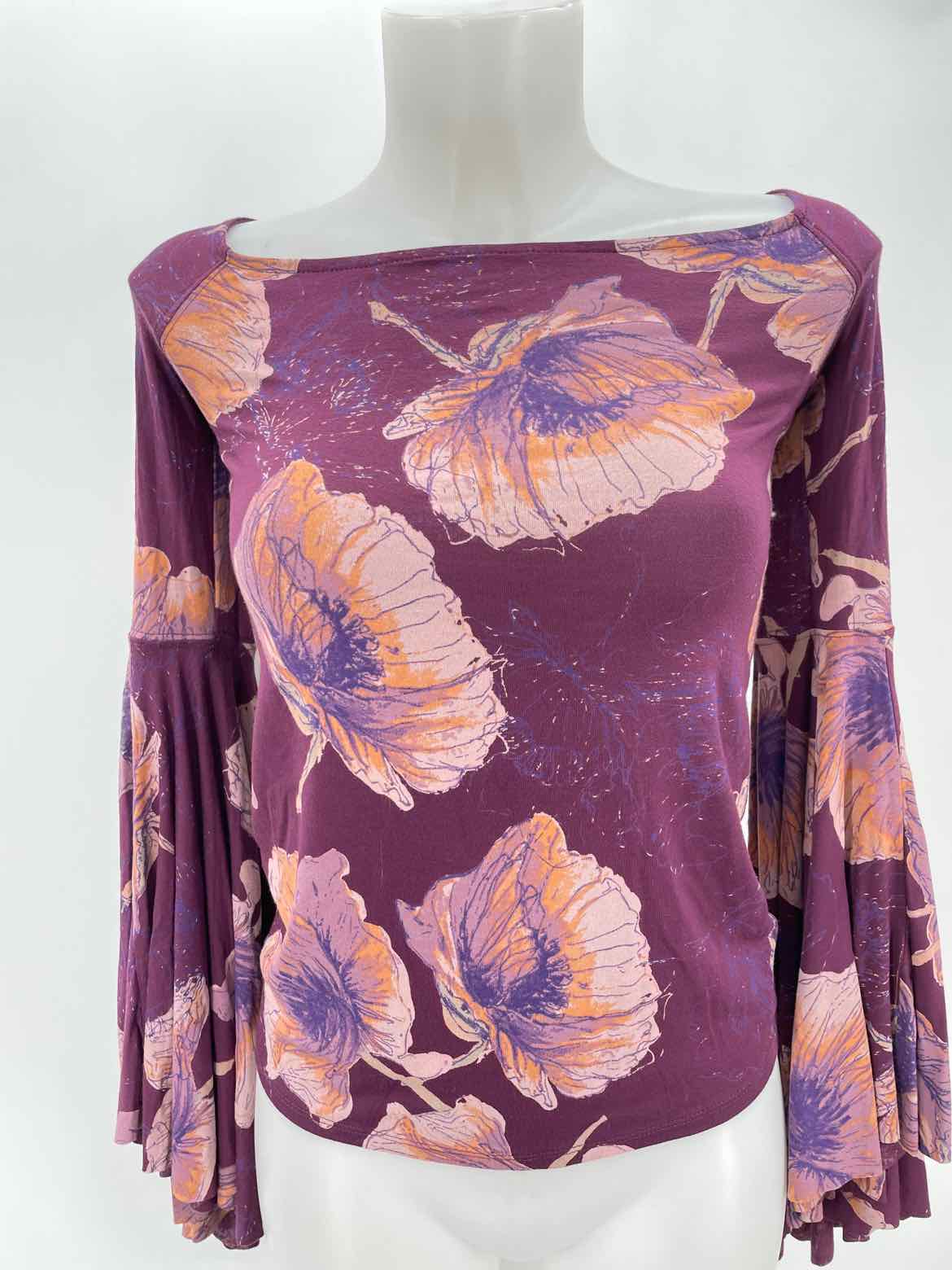 Free People Purple Size Small Floral Bell Sleeve T-shirt