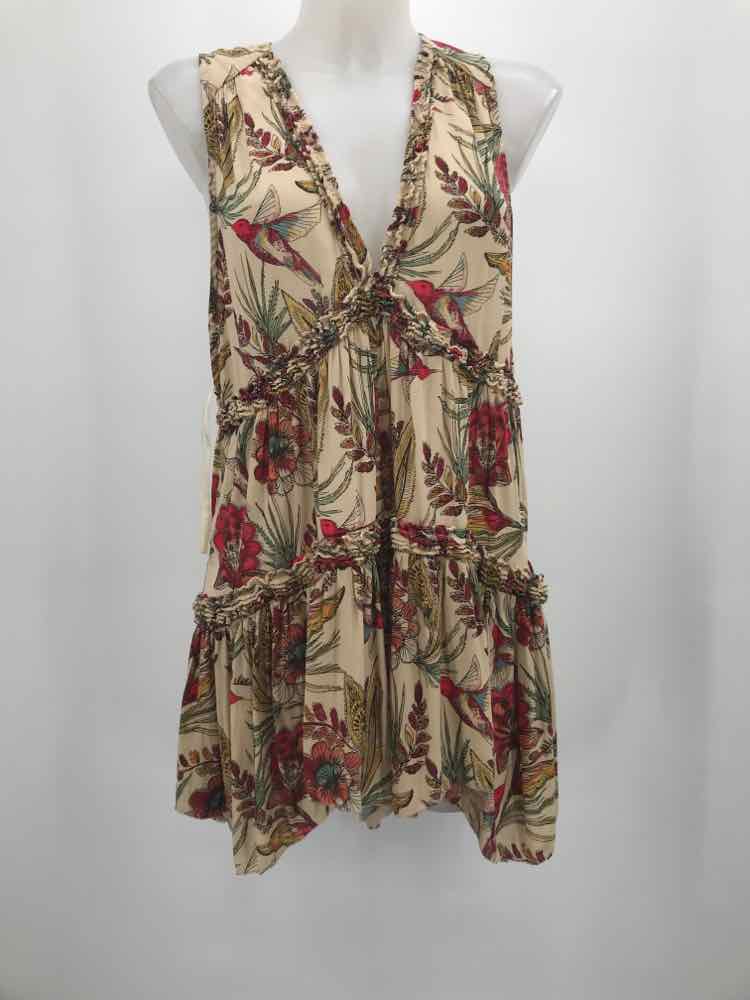 Free People Tan Size Medium Printed Tiered Short Sleeveless Dress