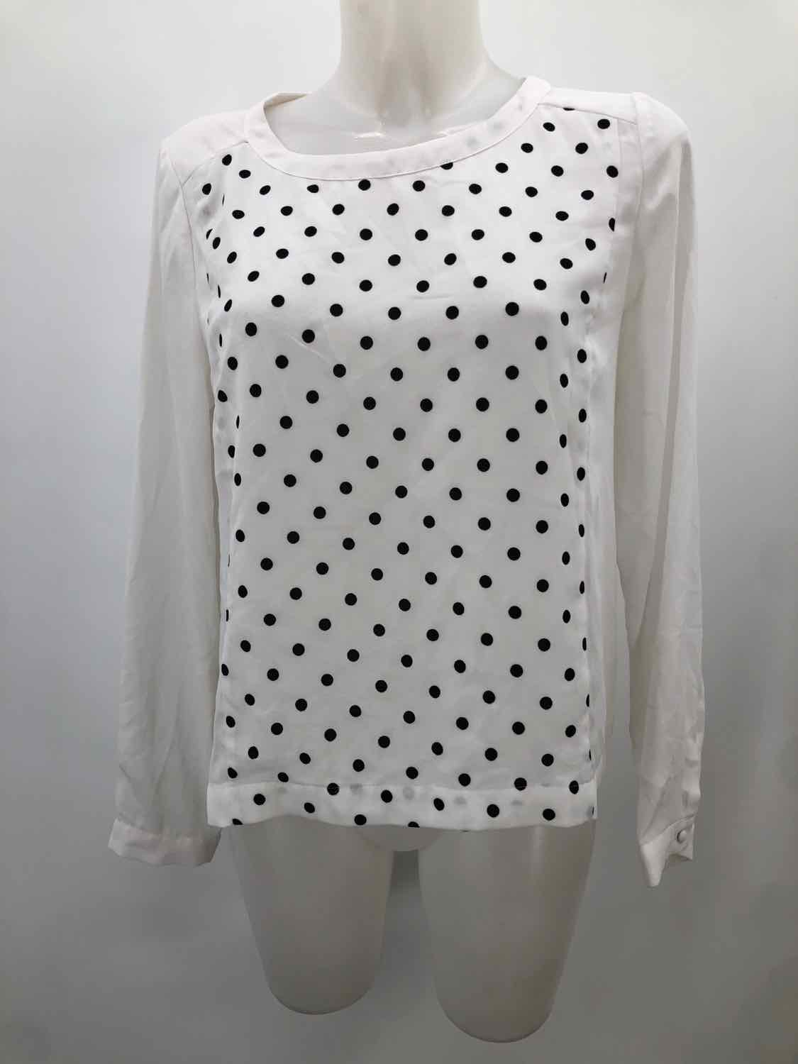 Frnch White Size Large Polyester Polka Dot Long Sleeve Blouse