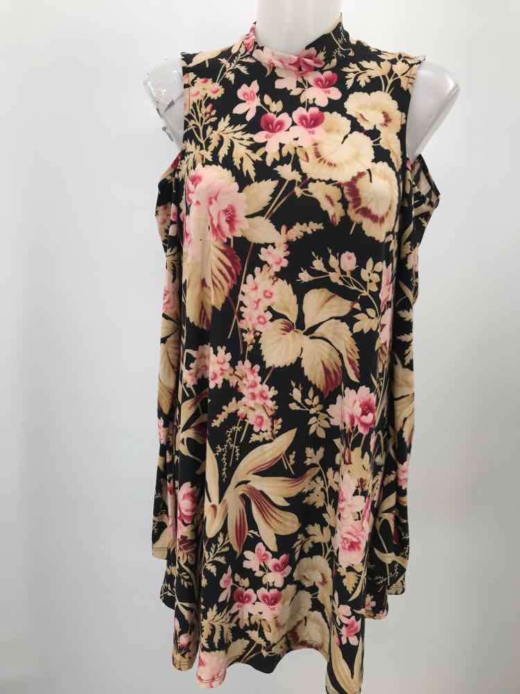 Show Me Your Mumu Tan Size Large Floral Open Shoulder Short Long Sleeve Dress