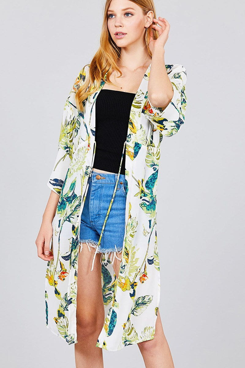 3/4 Dolman Sleeve Front Tie Side Slit Print Long Kimono