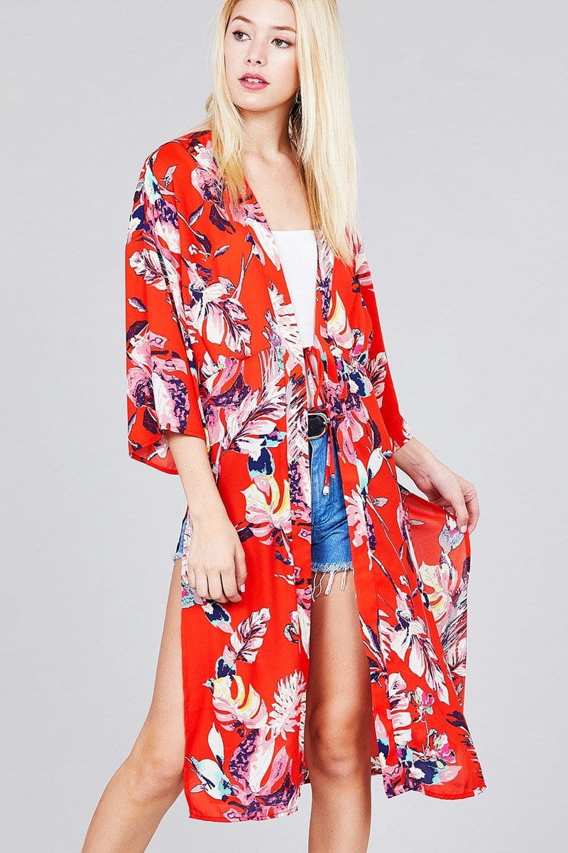 3/4 Dolman Sleeve Front Tie Side Slit Print Long Kimono