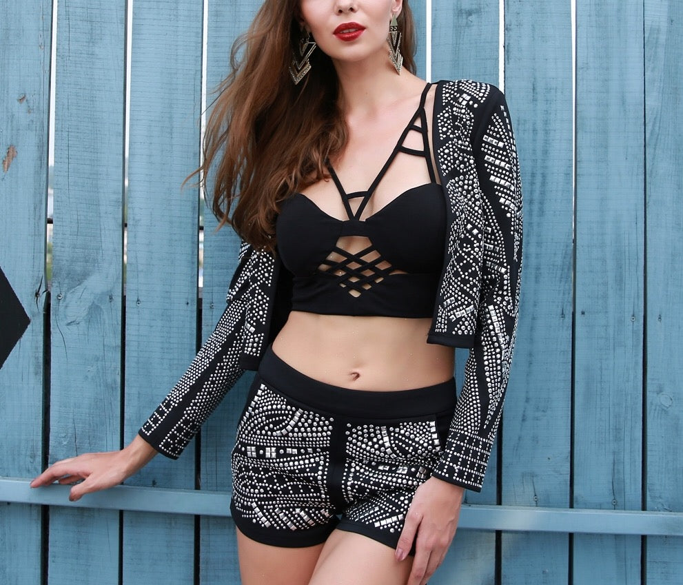 "All Bets" studded design 2 pieces jacket shorts set