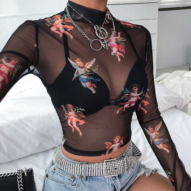 Angel print sheer fashion crop top