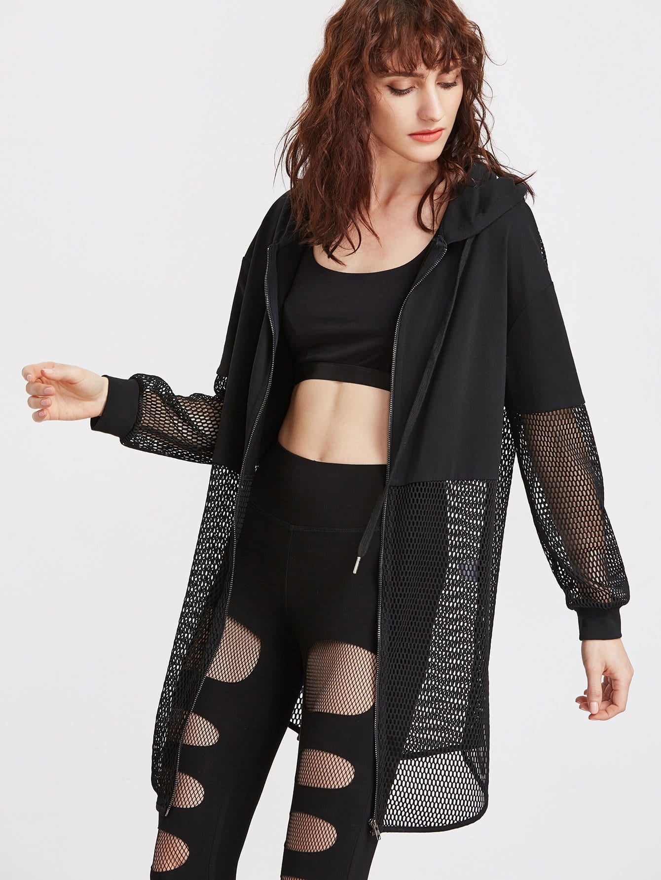 Black Netted Insert Fashion Hoodie Jacket