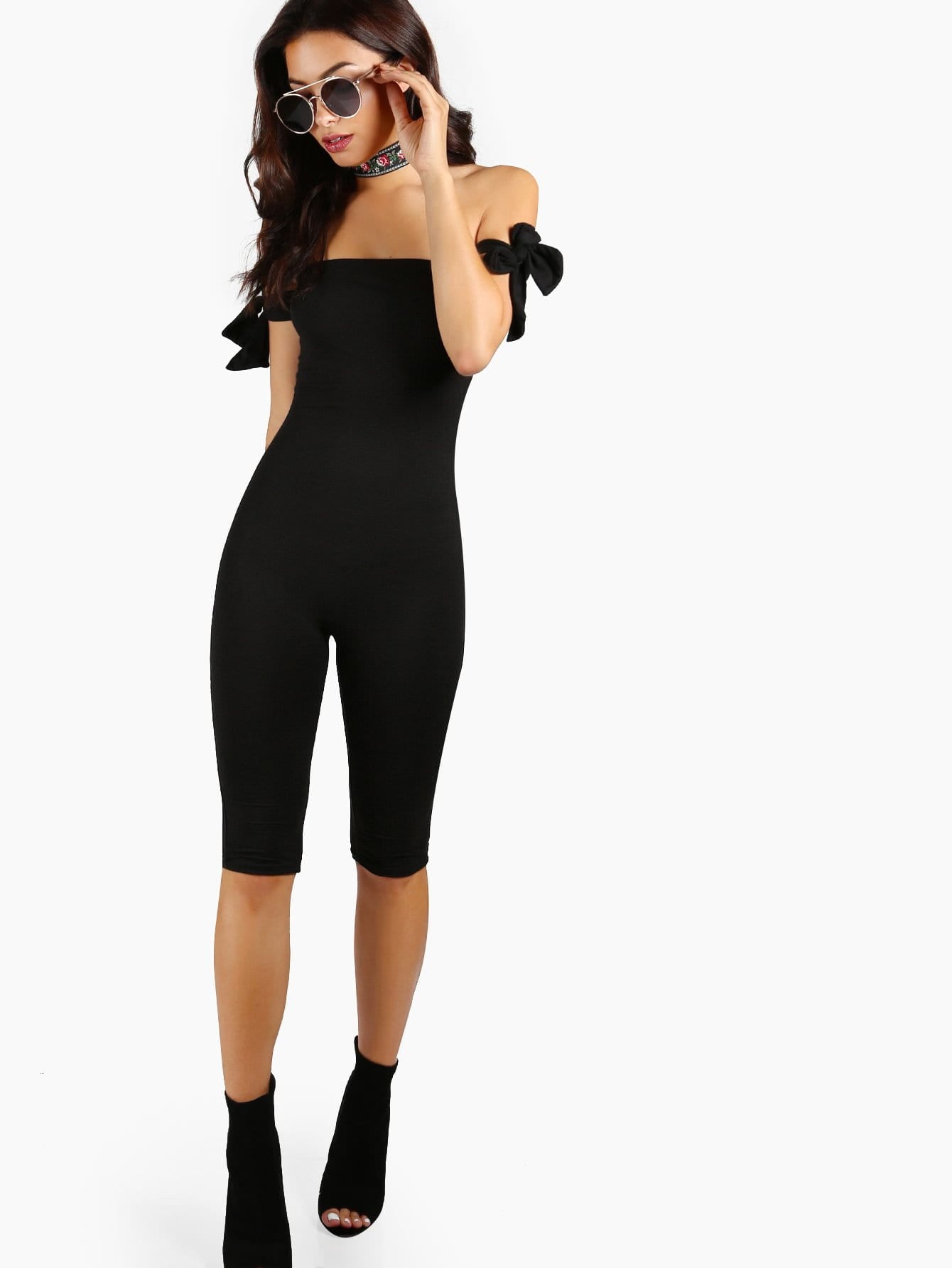 Bow tie off the shoulder style bodycon jumpsuit