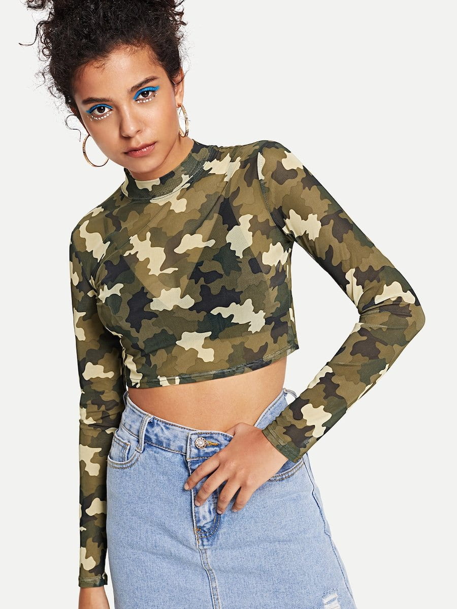 Camo sheer long sleeve top