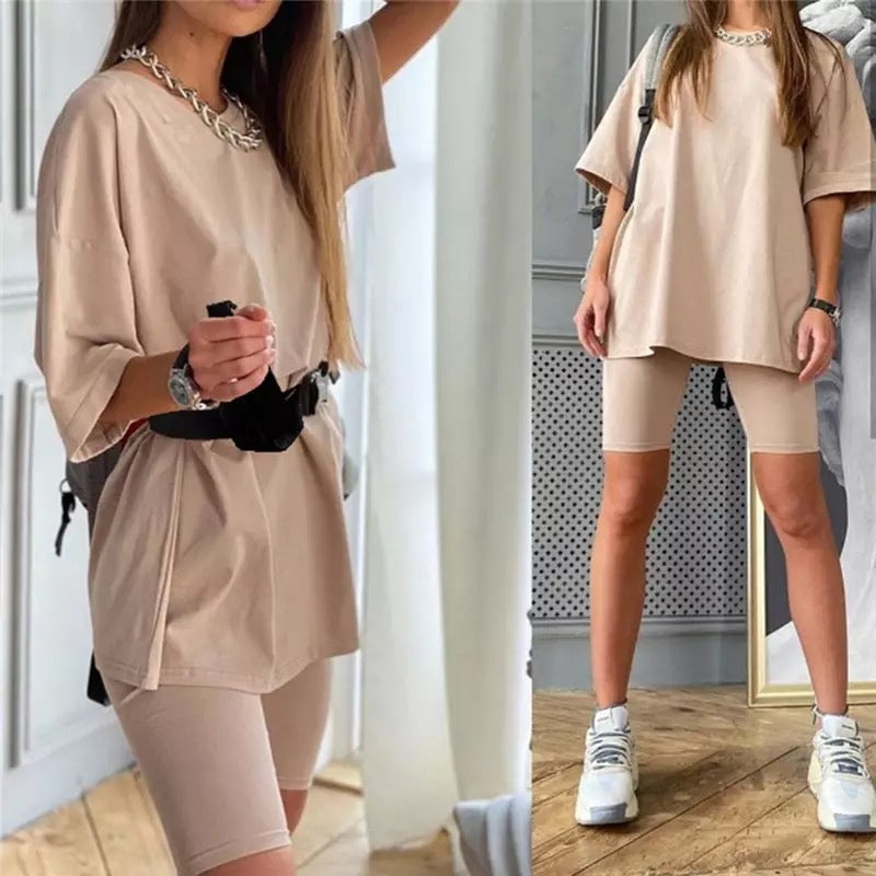 Casual Comfy belted 2 piece biker shorts oversize top set