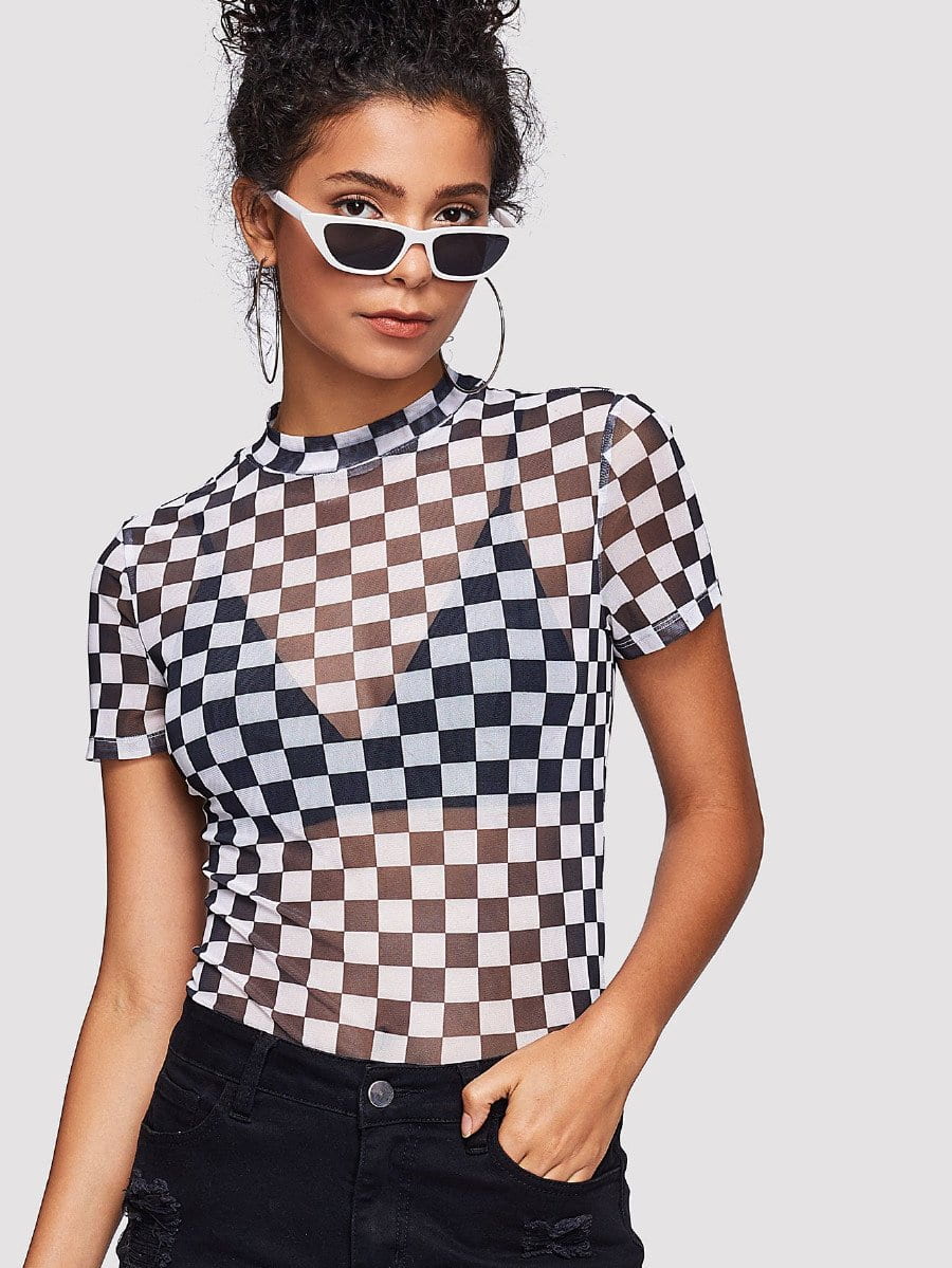 Checkered mock neck top