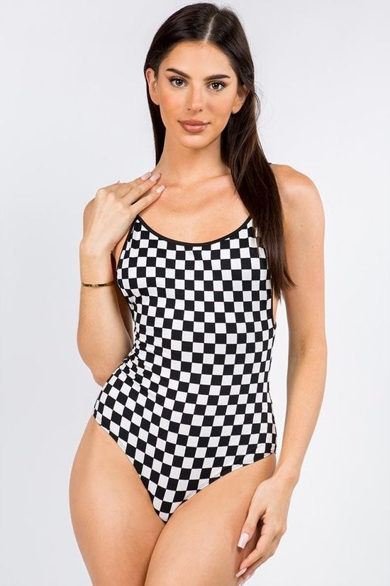 Checkered monokini bodysuit top