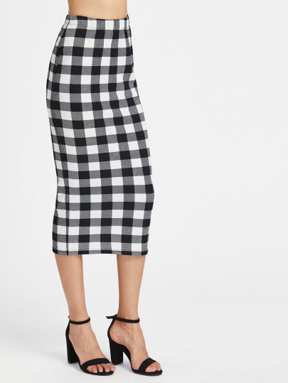 Checkered pencil midi bodycon skirt