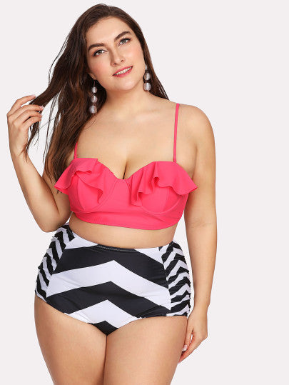 Chevron color 2 piece high waist plus size bikini set