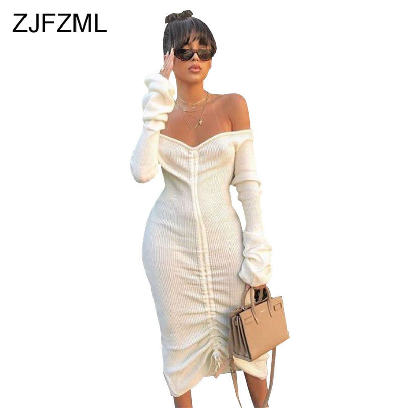 Classic off the shoulder drawstring draped Long Sleeve Midi Dress