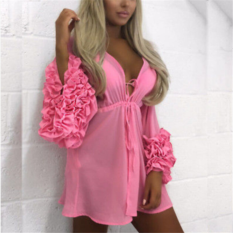 Classic ruffle sleeve sheer swimsuit coverup