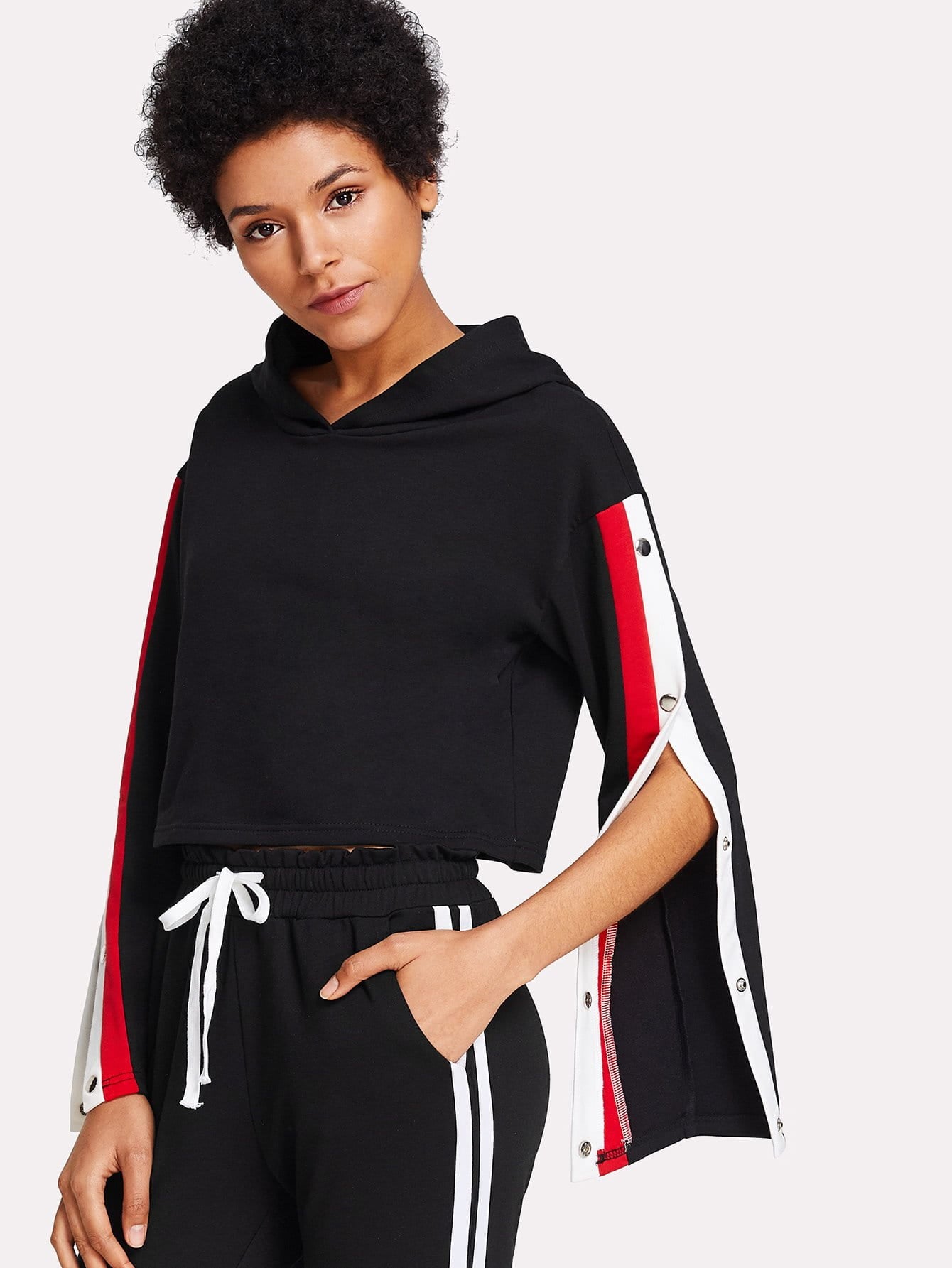 Classic side snap split stripe crop hoodie sweatshirt