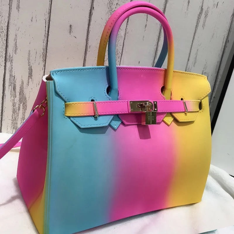 Deluxe luxury Jelly rainbow padlock New York tote handbag