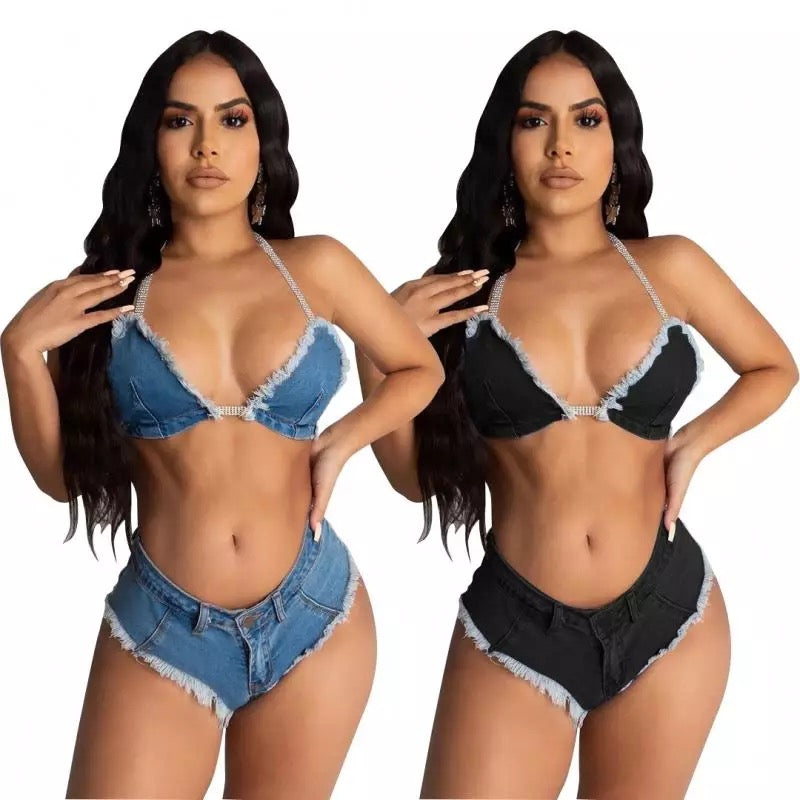 Denim 2 piece shorts bra top set