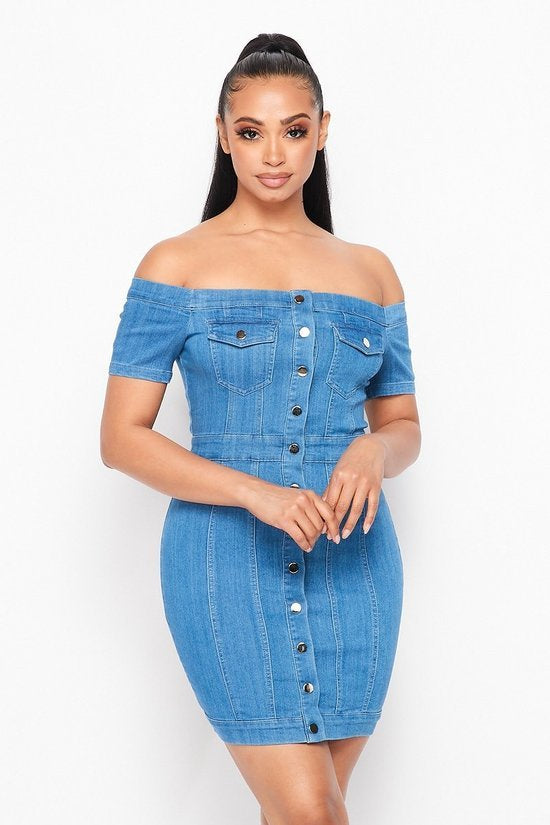 Denim off the shoulder mini dress